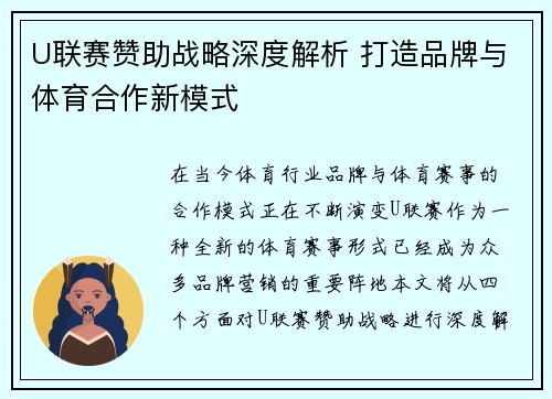 U联赛赞助战略深度解析 打造品牌与体育合作新模式