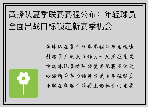 黄蜂队夏季联赛赛程公布：年轻球员全面出战目标锁定新赛季机会