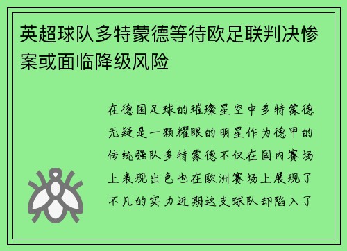 英超球队多特蒙德等待欧足联判决惨案或面临降级风险